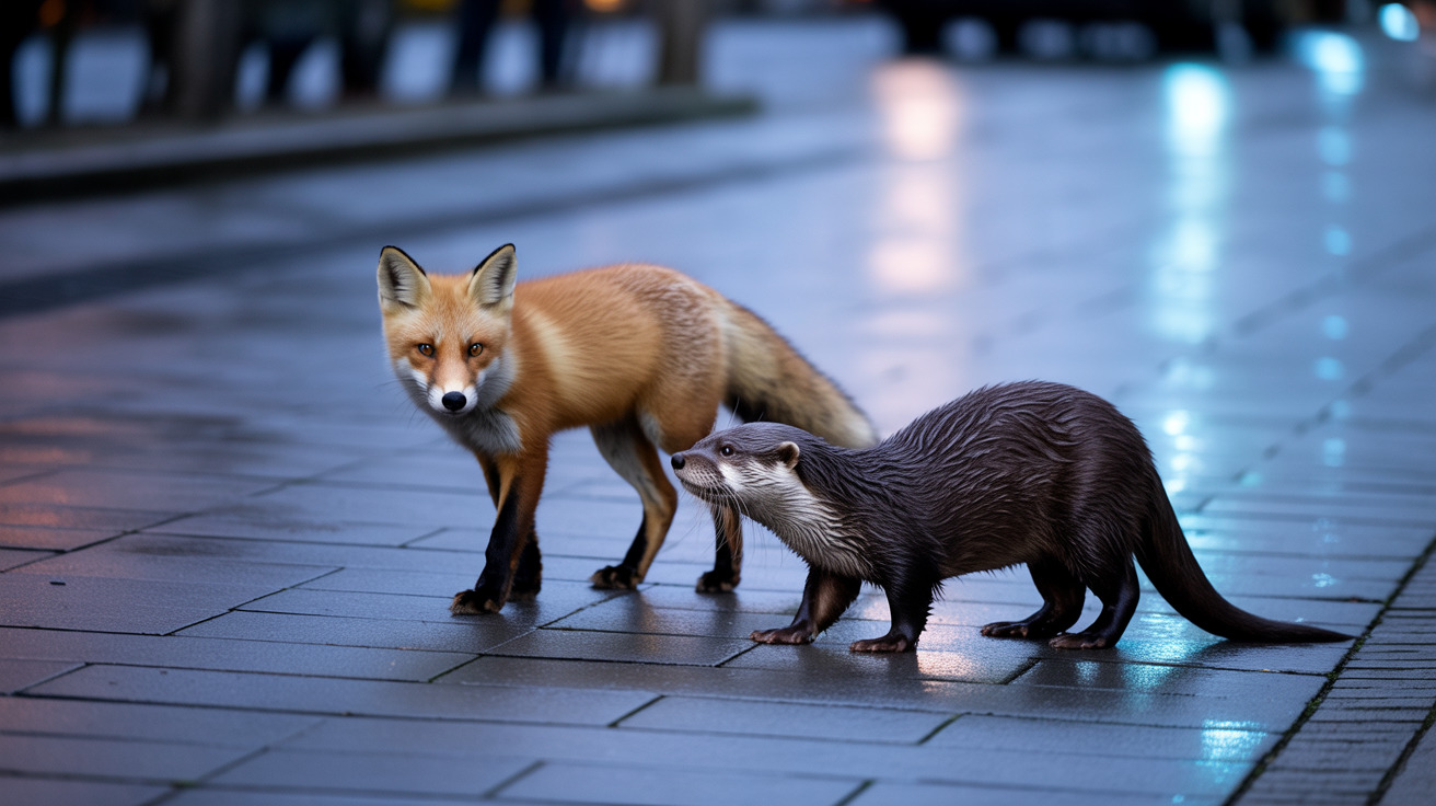 A fox and an otter together during a late-night urban journey