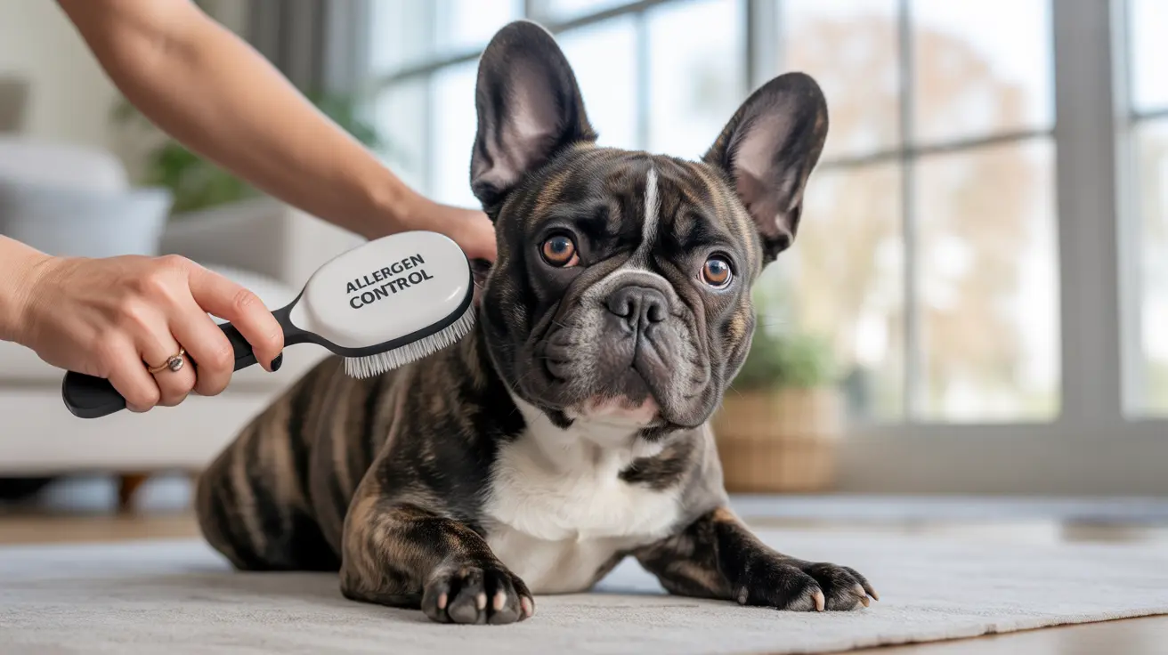 A French Bulldog being brushed with an Allergen Control brush near a bright window