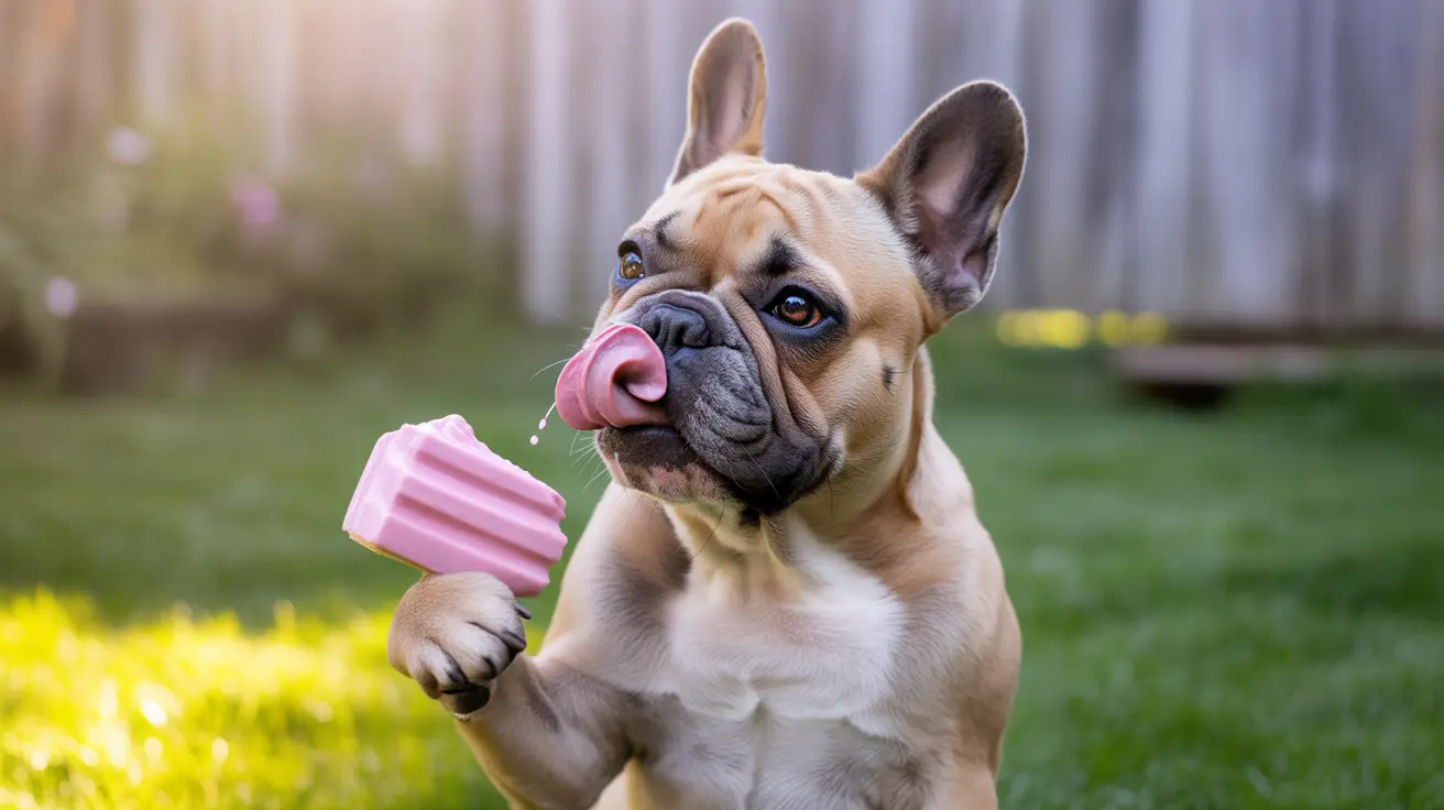 French Bulldog licking a pink popsicle in a backyard