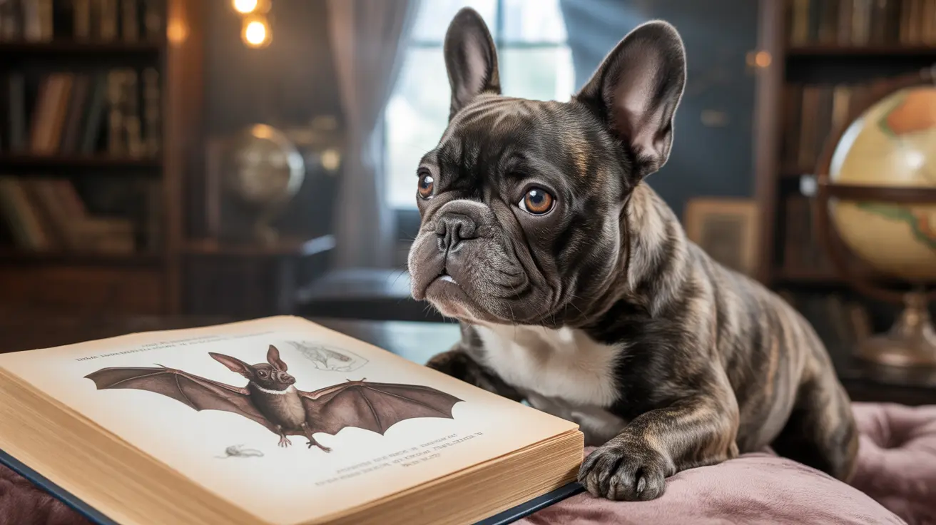 A French Bulldog sitting intently next to an open book with a detailed illustration of a bat