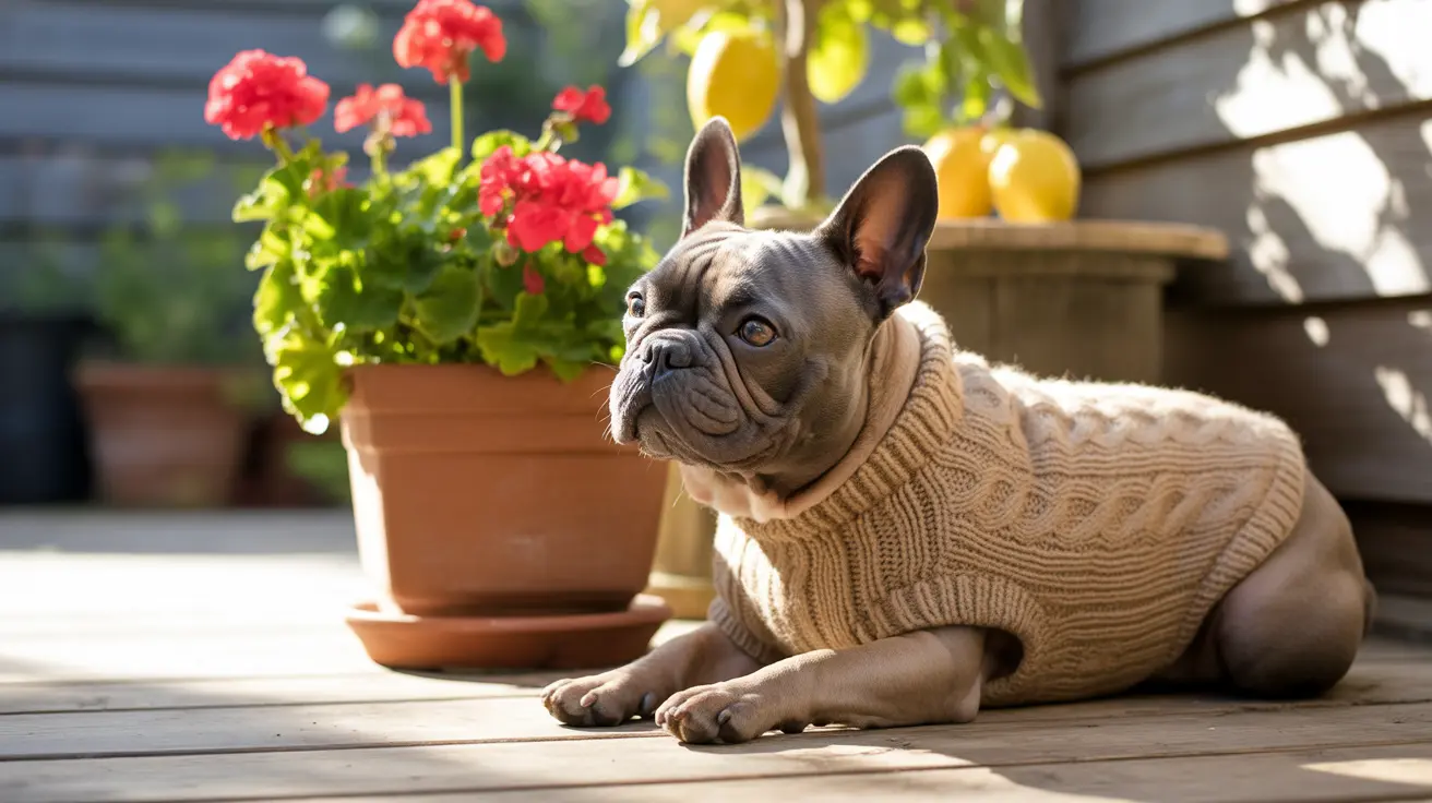 A French Bulldog wearing a cozy beige cable-knit sweater sits on a wooden deck next to a terracotta pot of bright red geraniums.