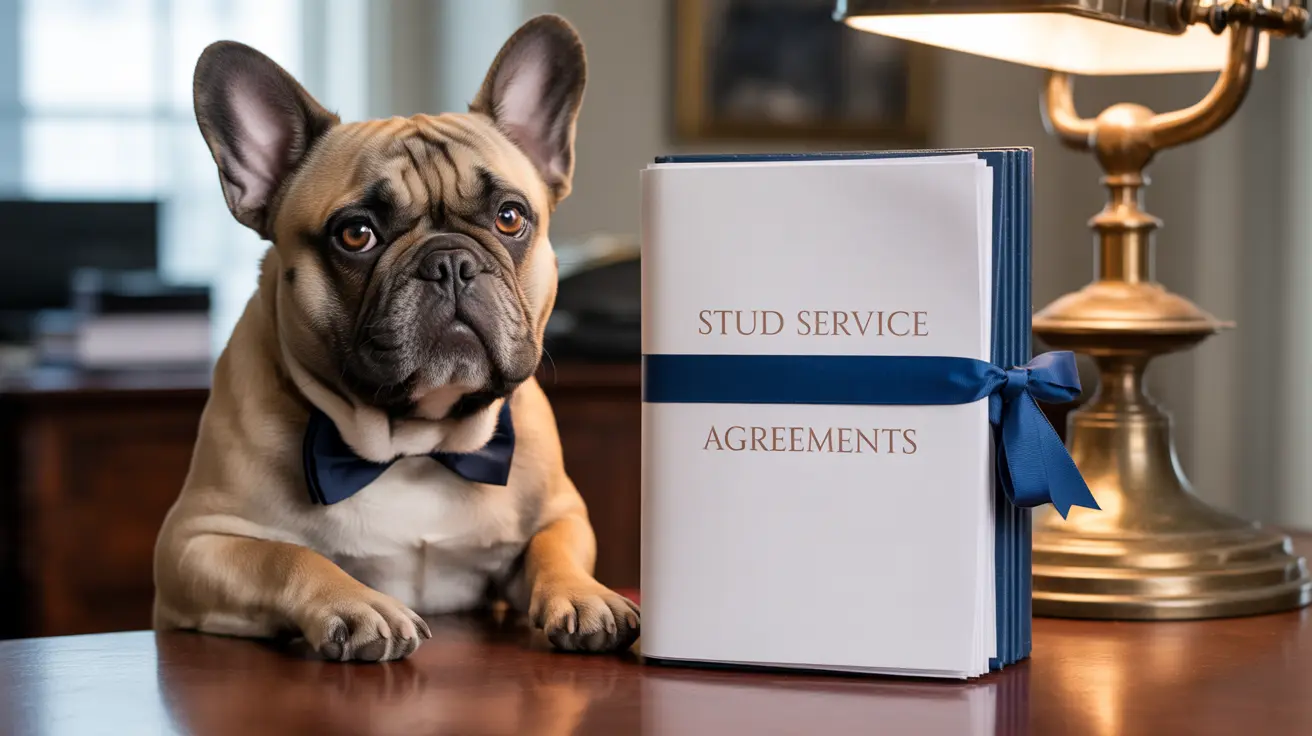 French Bulldog in a blue bow tie next to 'Stud Service Agreements' book in elegant office