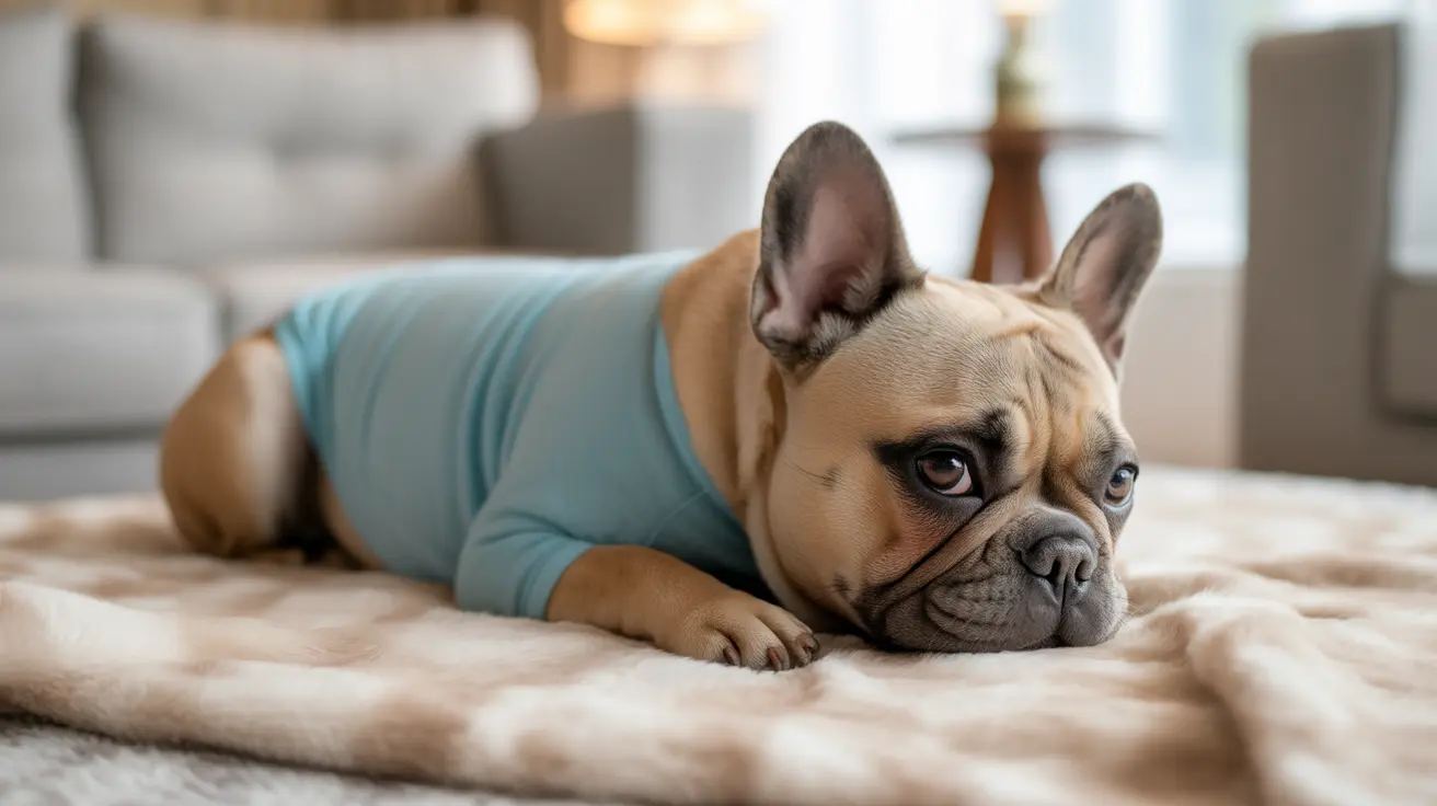 French Bulldog in light blue shirt resting on soft blanket in cozy living room
