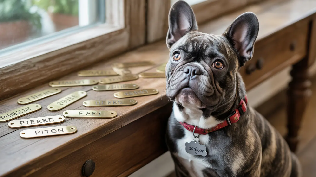 A French Bulldog sitting next to brass name plates on a wooden surface near a window