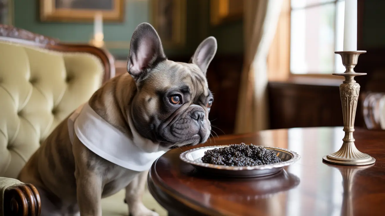 French Bulldog wearing a white collar sitting next to a plate of caviar in an elegant classic interior