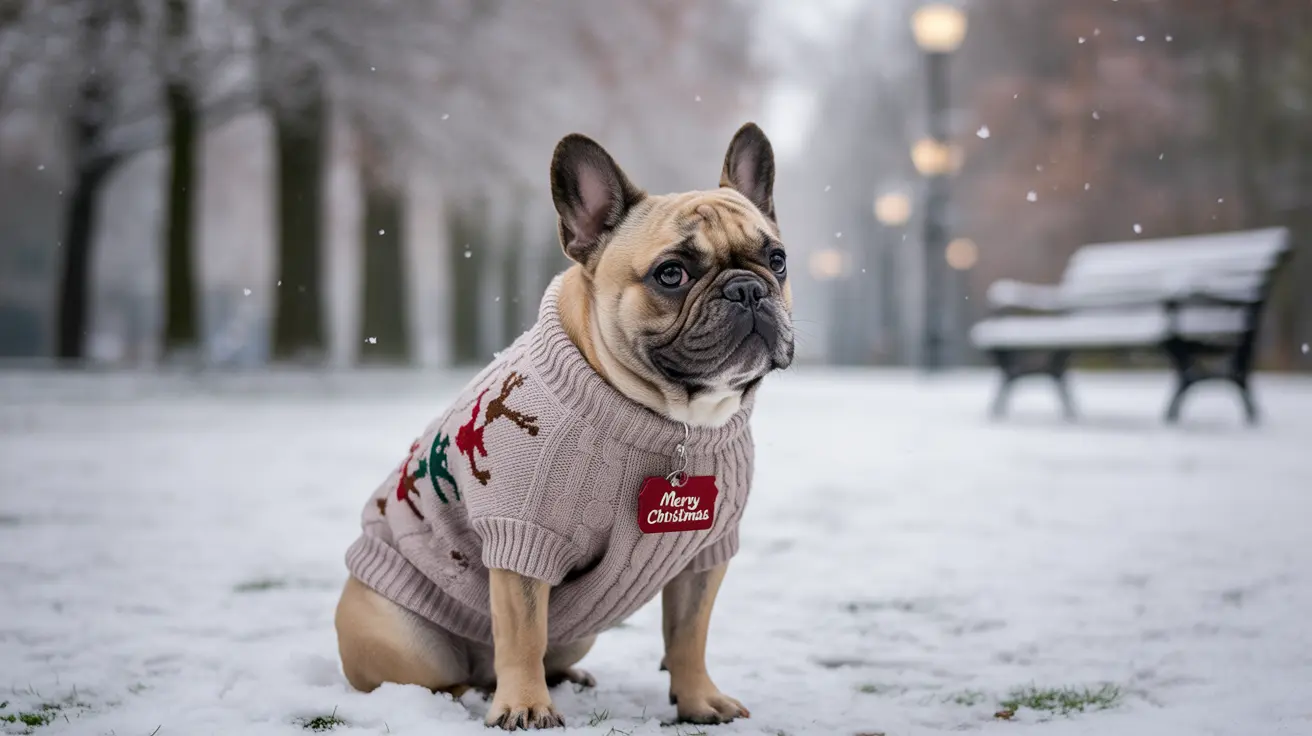A French Bulldog wearing a festive Christmas sweater sitting in a snowy winter park scene
