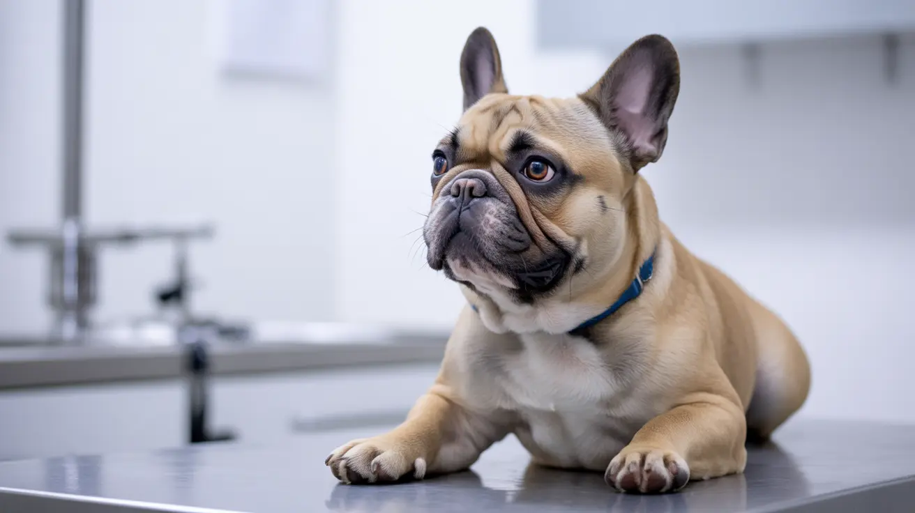A fawn-colored French Bulldog attentively sitting on a metallic surface in a clinical setting