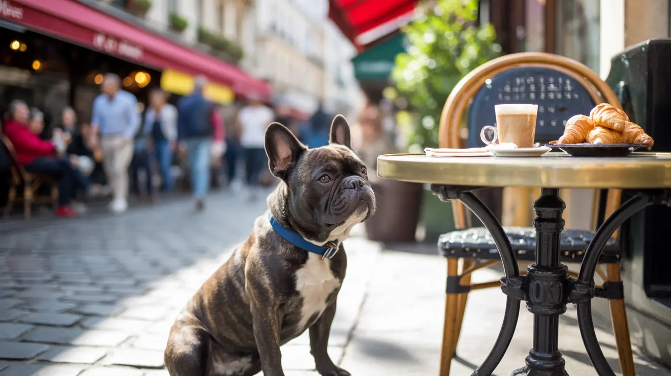 A French Bulldog sitting on a cobblestone street next to a cafe table with coffee and croissants