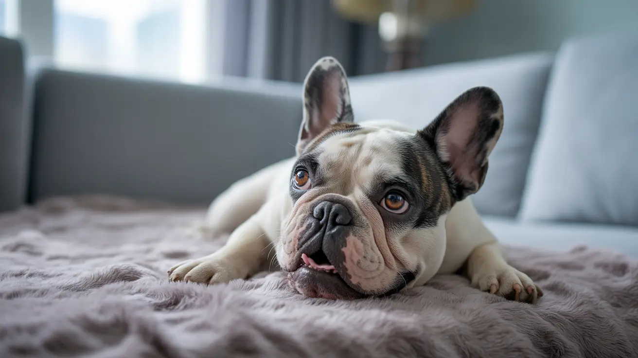French Bulldog lying comfortably on a soft, textured blanket in a modern living room