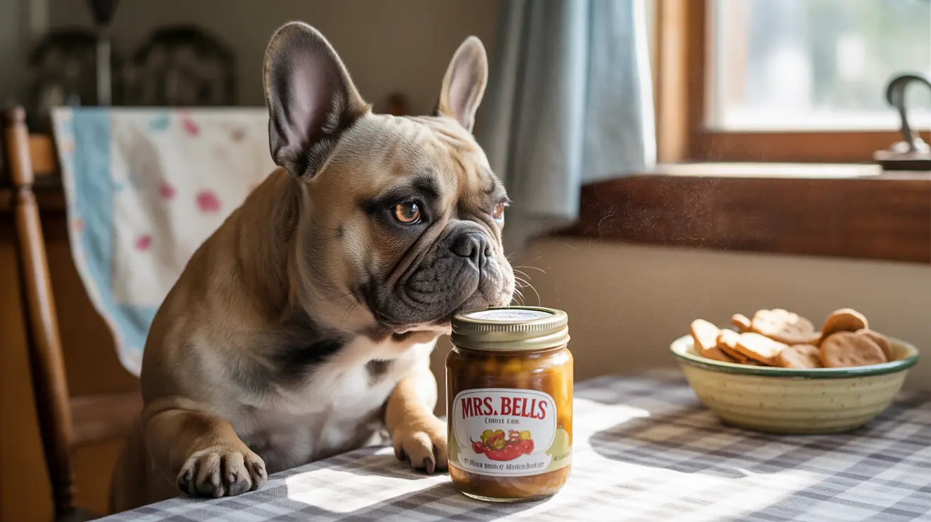 A French Bulldog sitting at a table next to a jar of Mrs. Bells preserves and a bowl of cookies.