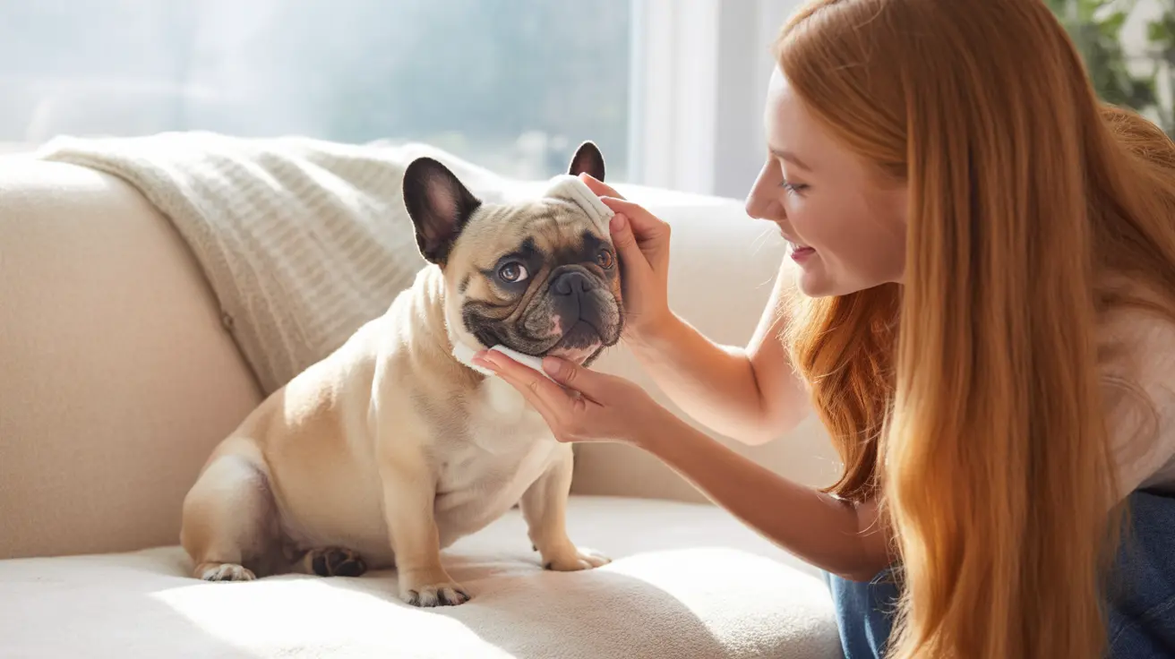 A French Bulldog sitting on a couch while a person pets the dog