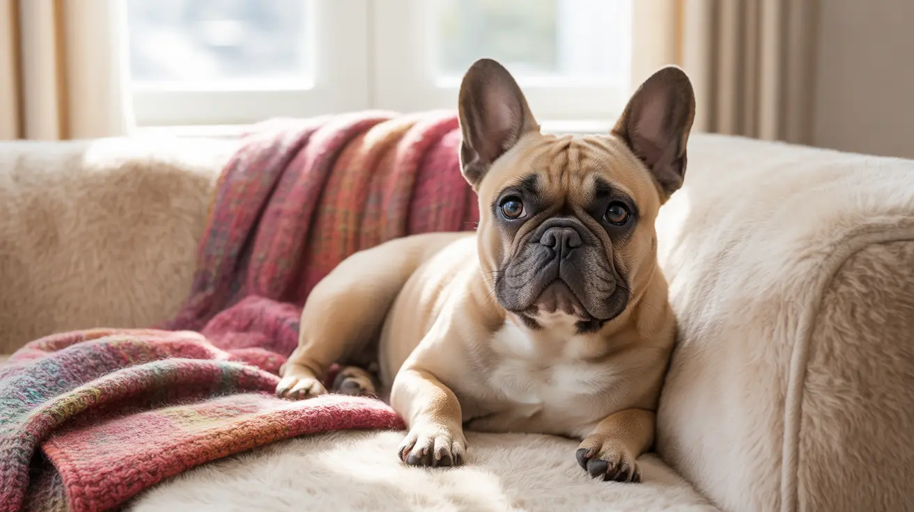 French Bulldog relaxing on beige couch with colorful blanket in bright living room