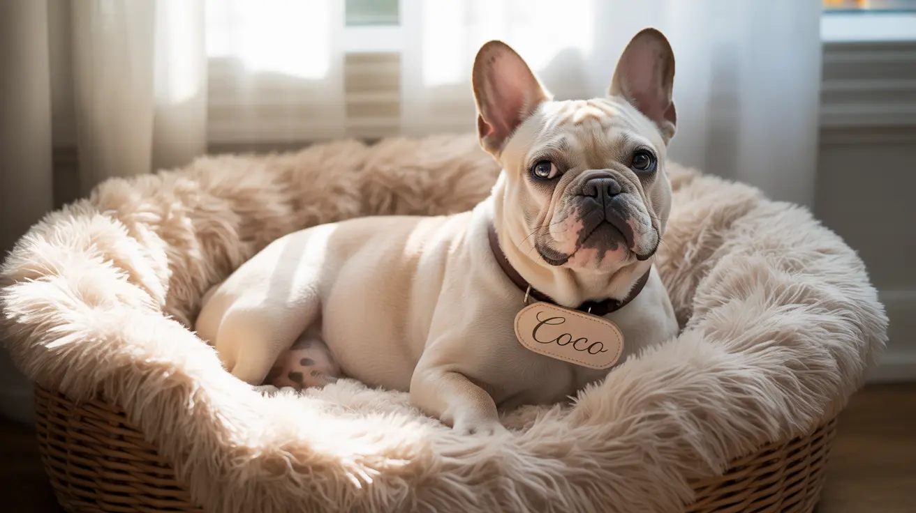 A cream-colored French Bulldog resting comfortably in a soft, furry dog bed with a personalized name tag.