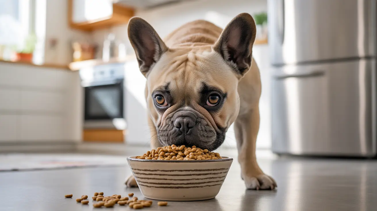 A French Bulldog standing close to a bowl of dog food in a modern kitchen