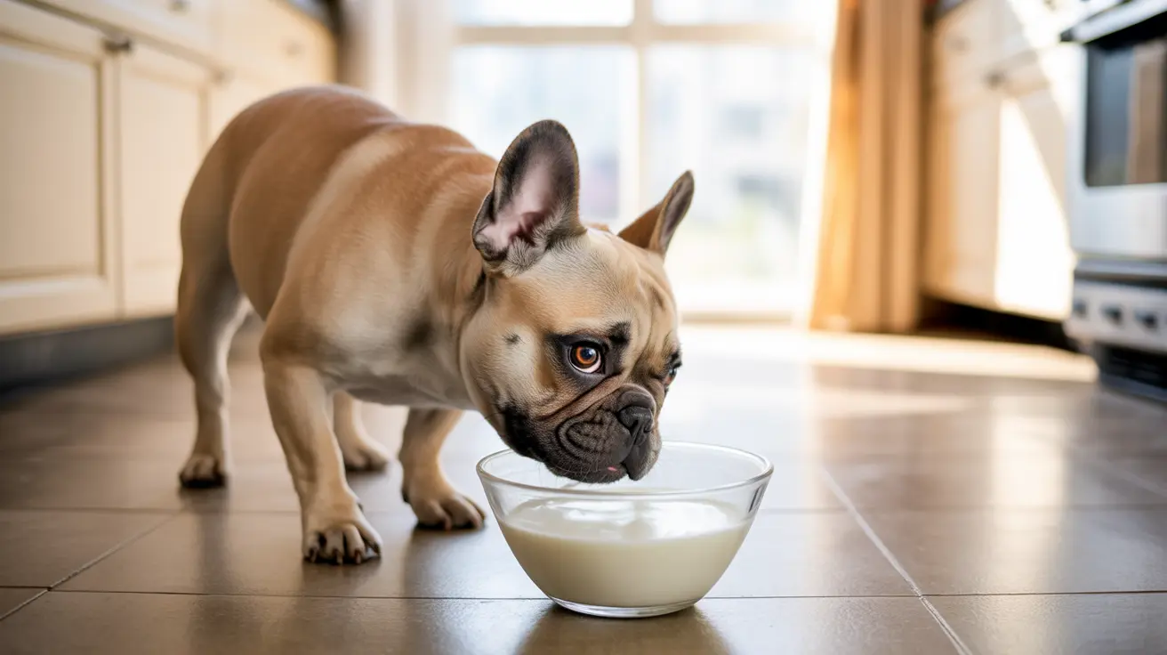 French Bulldog drinking milk from a glass bowl on a kitchen floor