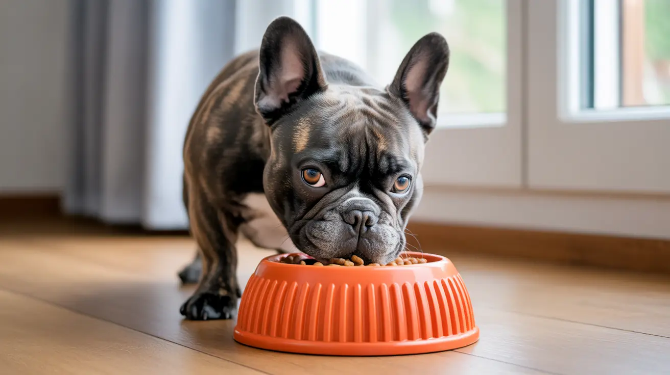 A French Bulldog with a wrinkly face eating from an orange dog bowl