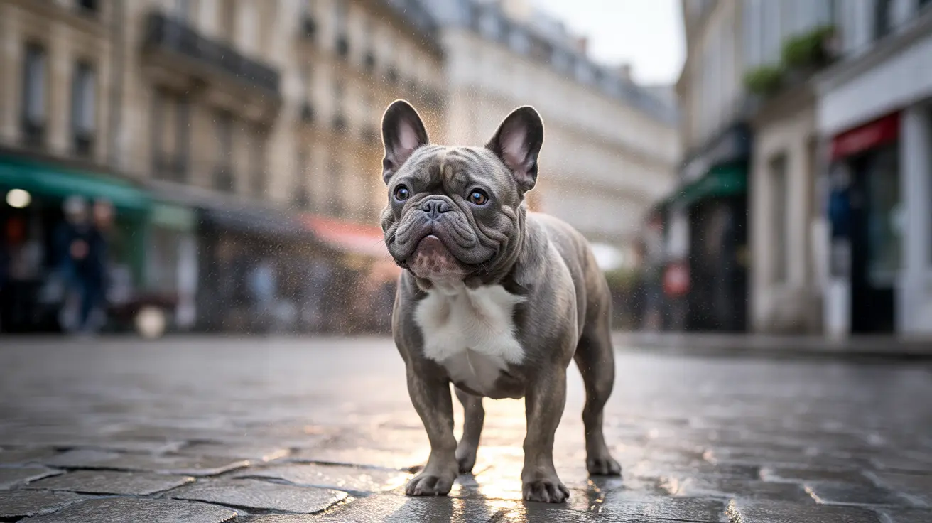 French Bulldog standing alert on cobblestone street in a European city