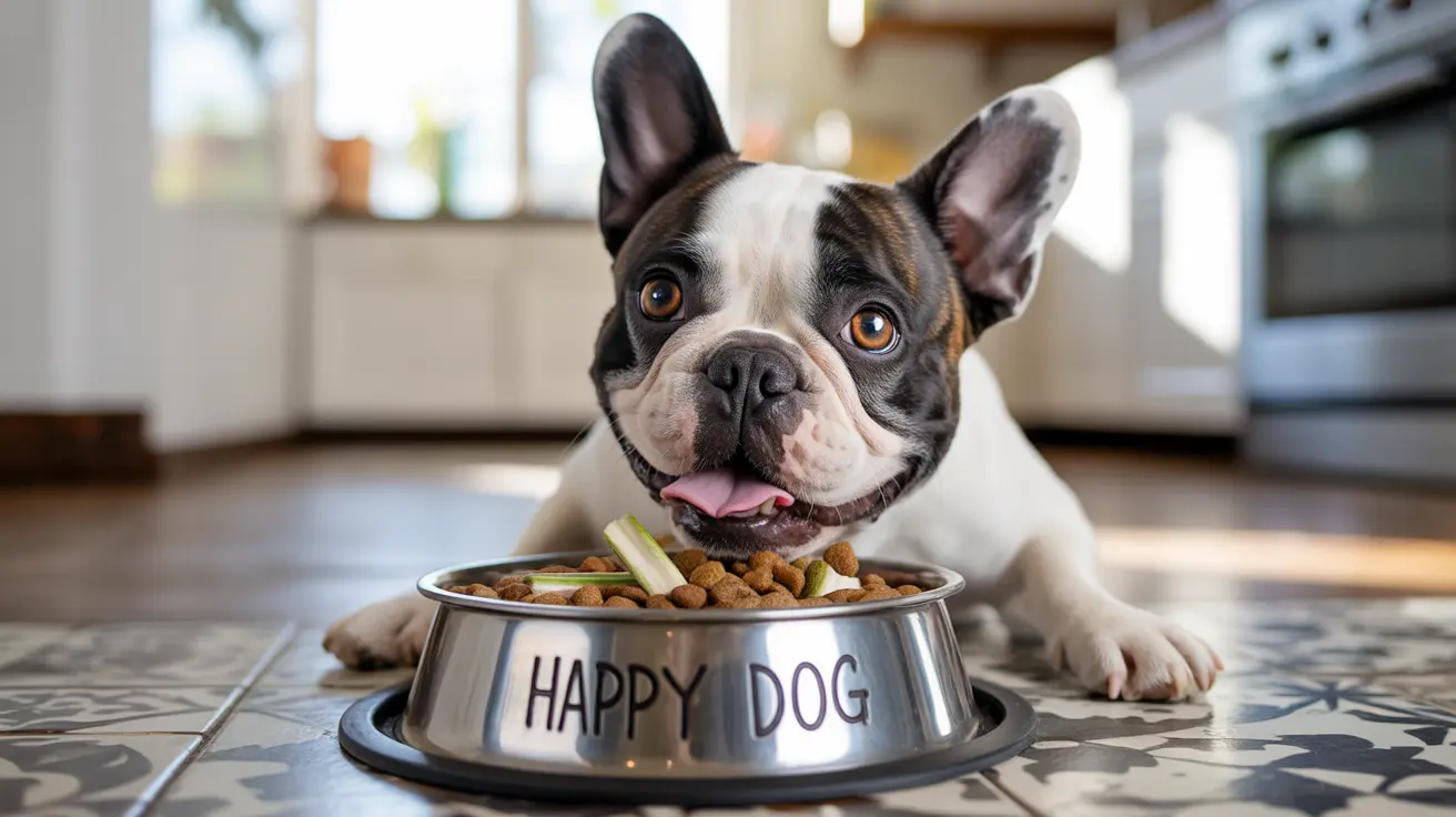 A French Bulldog sitting excitedly in front of a food bowl