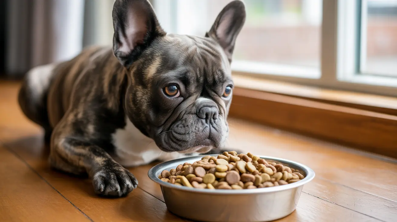 French Bulldog lying next to a metal bowl filled with kibble on a wooden floor near window