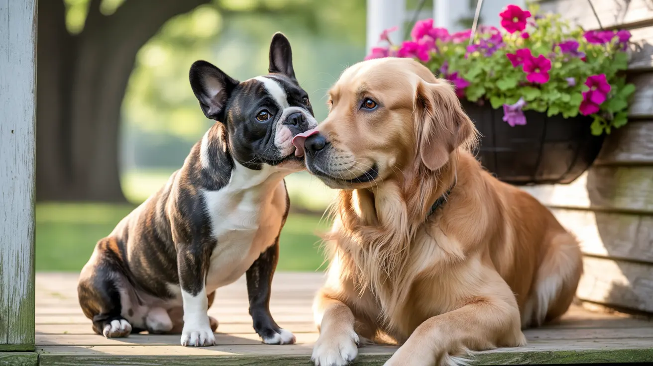 A French Bulldog licking a Golden Retriever's face on a wooden deck