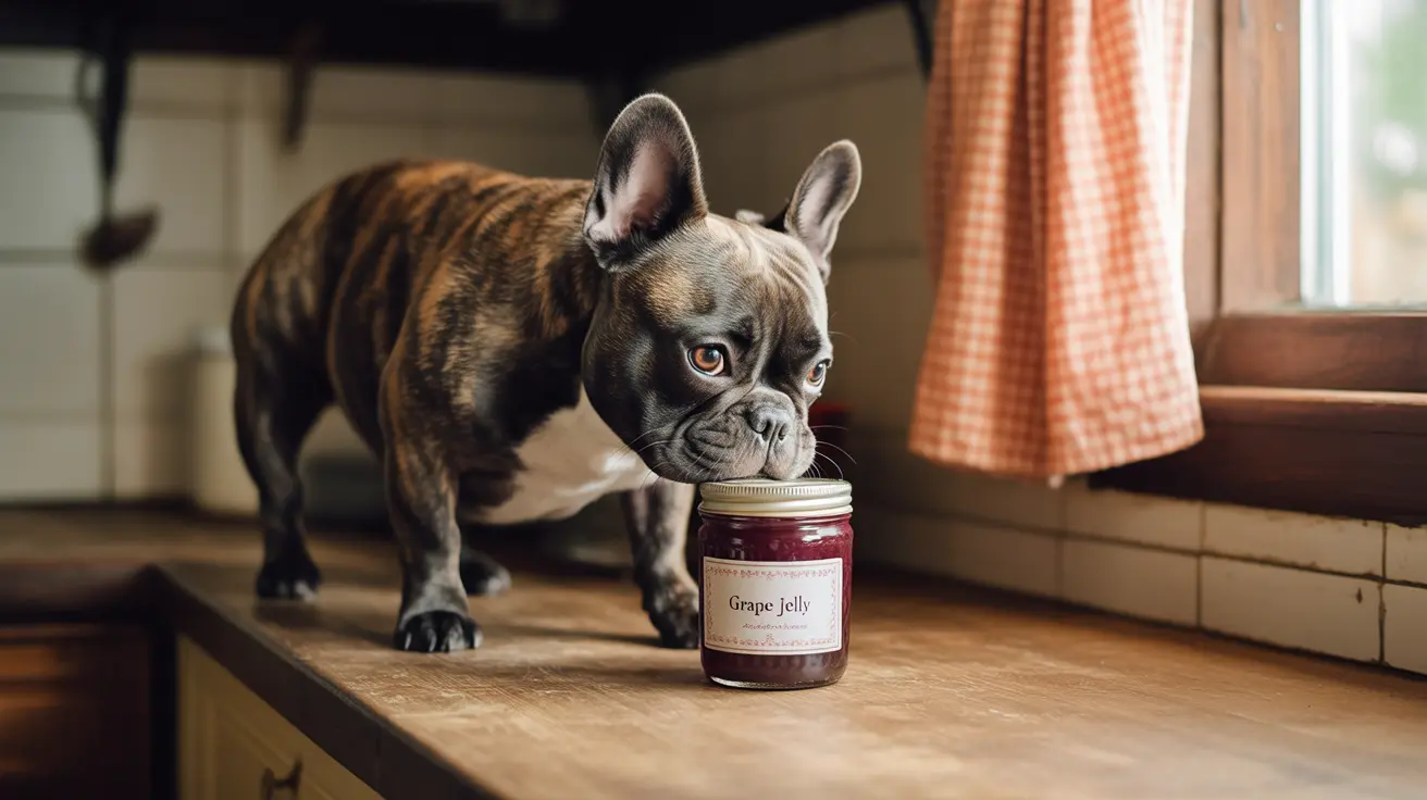 A French Bulldog curiously examining a jar of grape jelly on a kitchen countertop
