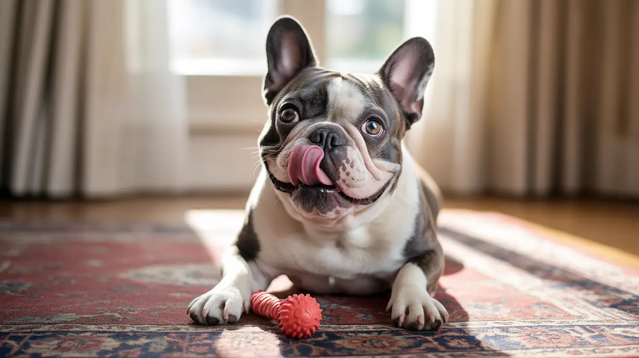 Playful French Bulldog sitting on a patterned rug with a red spiky toy, tongue out and looking happy