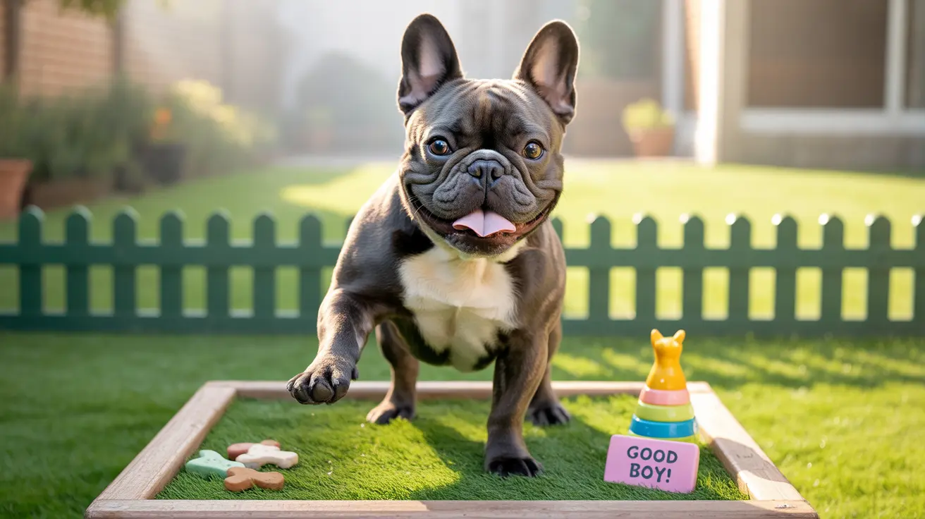 Playful French Bulldog sitting on green turf mat with dog treats and colorful stacking toy, looking happy and energetic