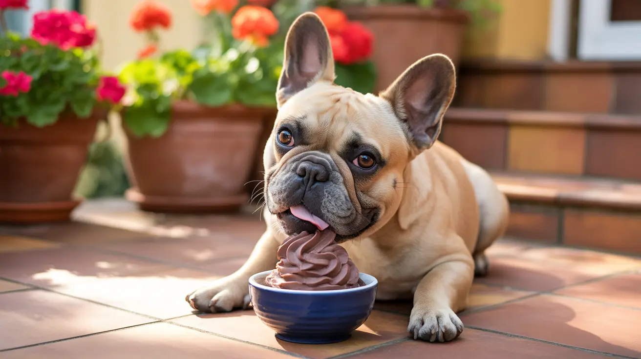French Bulldog lying on patio enjoying soft-serve ice cream from a blue bowl