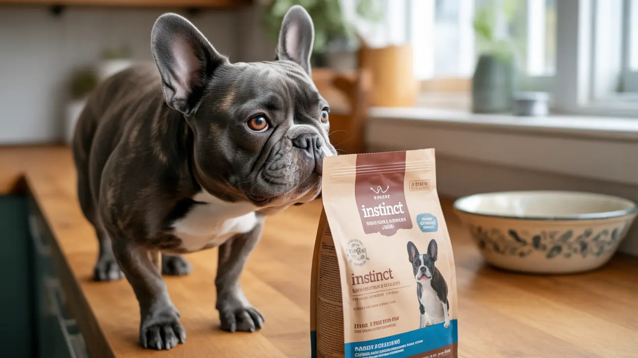 A French Bulldog sitting next to a bag of Instinct dog food in a bright kitchen setting