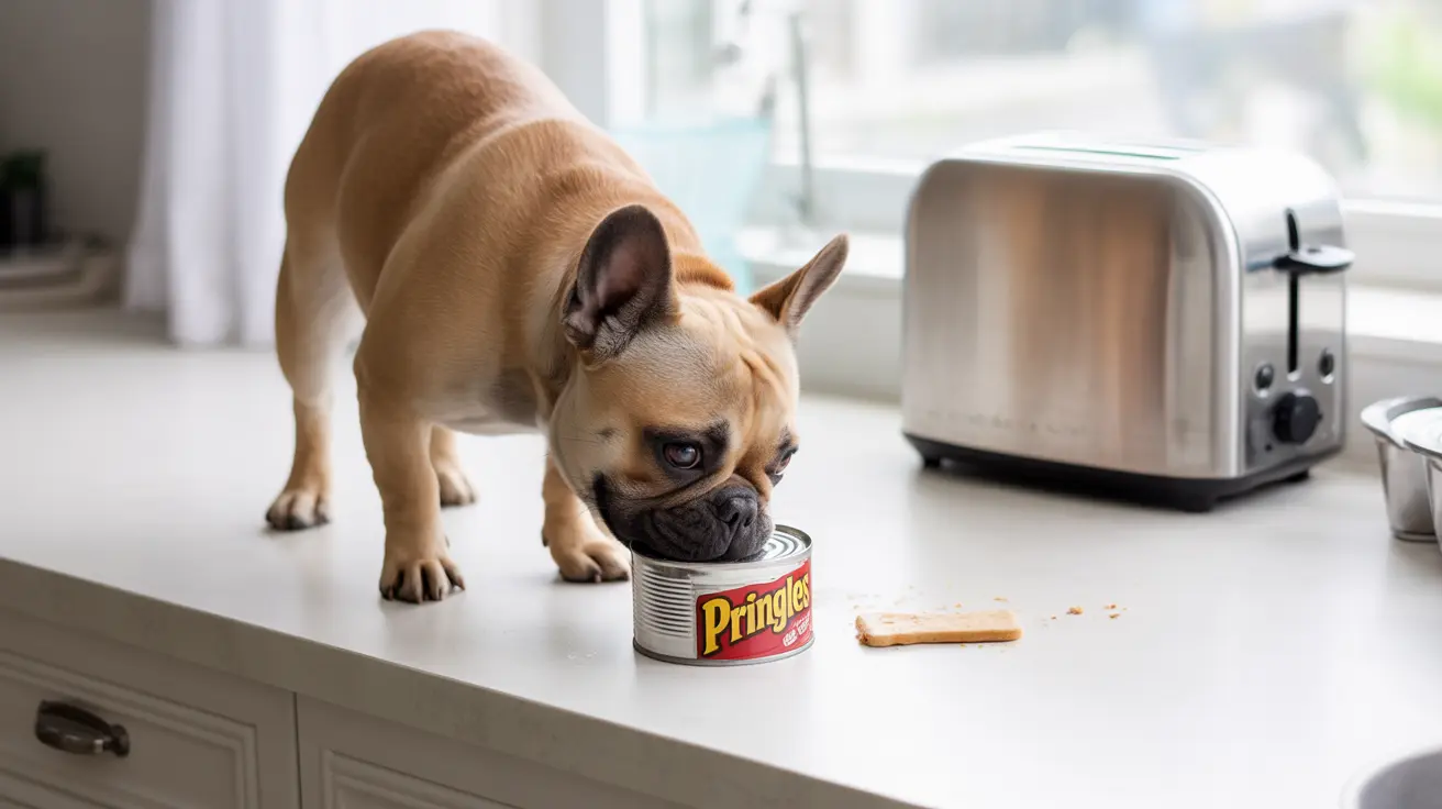 A French Bulldog intently investigating a Pringles can on a kitchen counter near a toaster