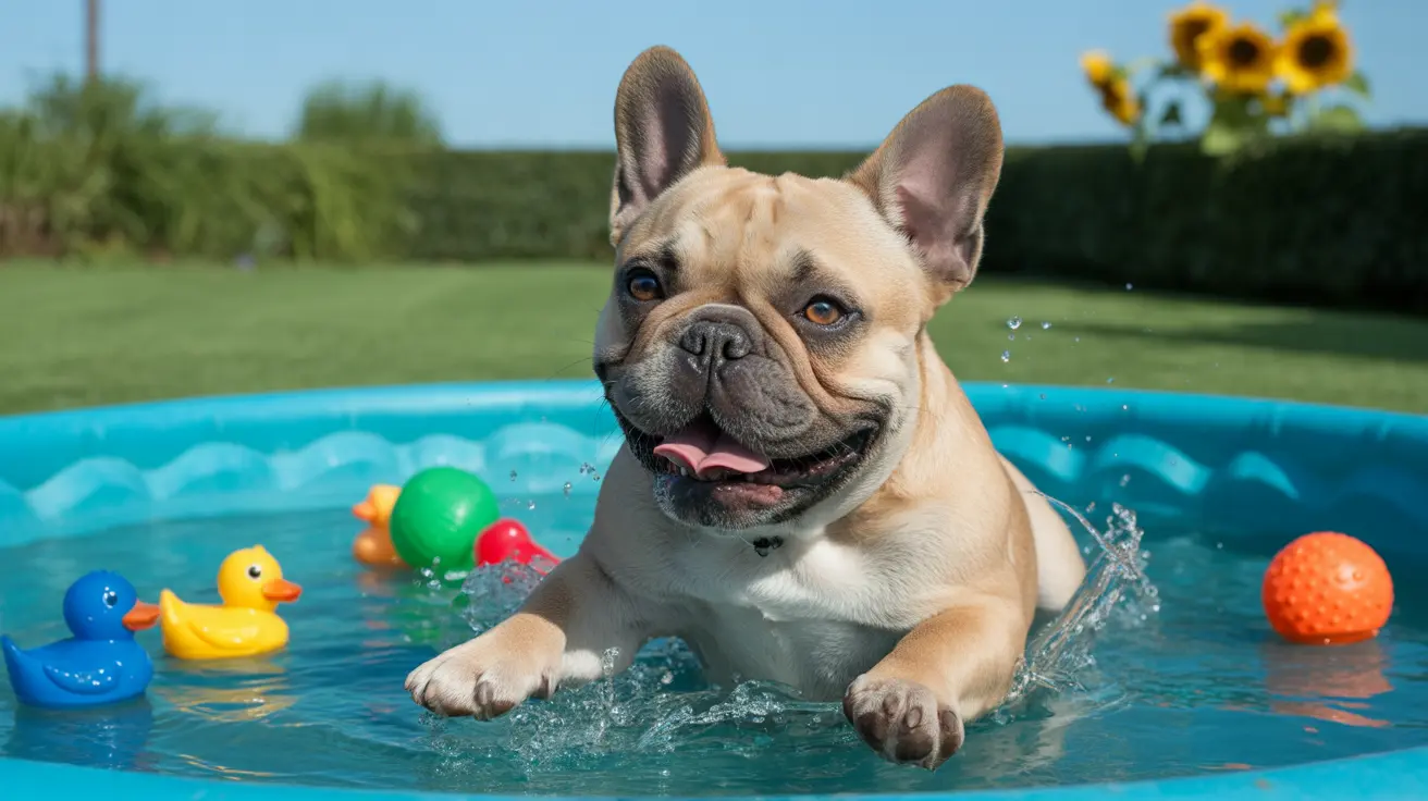 晴れた裏庭の青い子供用プールにカラフルな浮きおもちゃが浮かび、その中で楽しそうに遊んでいるフレンチ・ブルドッグ