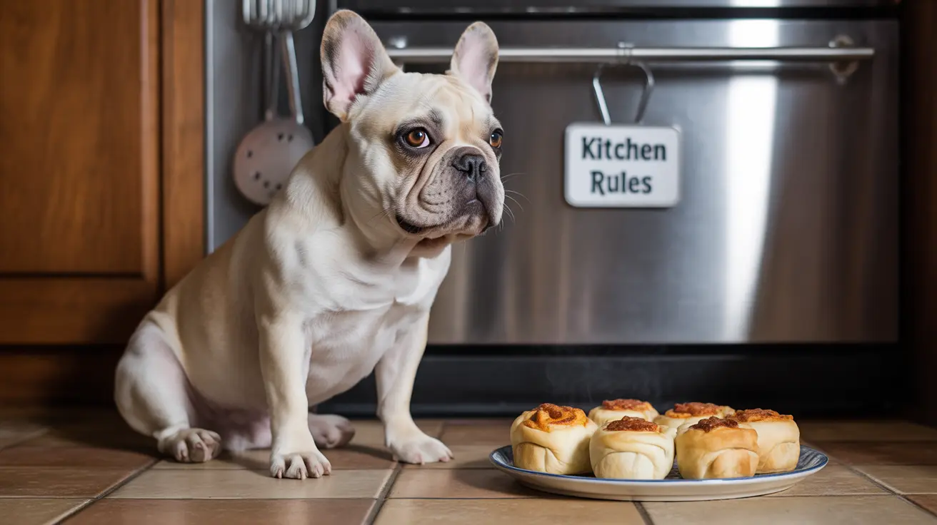 A French Bulldog sitting attentively next to a plate of baked rolls in a kitchen setting
