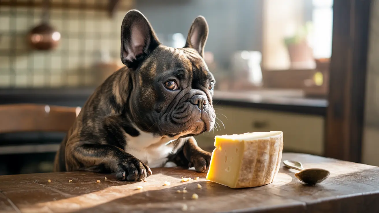 French Bulldog sitting at kitchen counter looking at a large piece of cheese