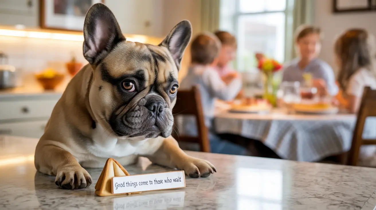 A French Bulldog sitting patiently on a kitchen counter with a 'Good things come to those who wait' sign in front of him