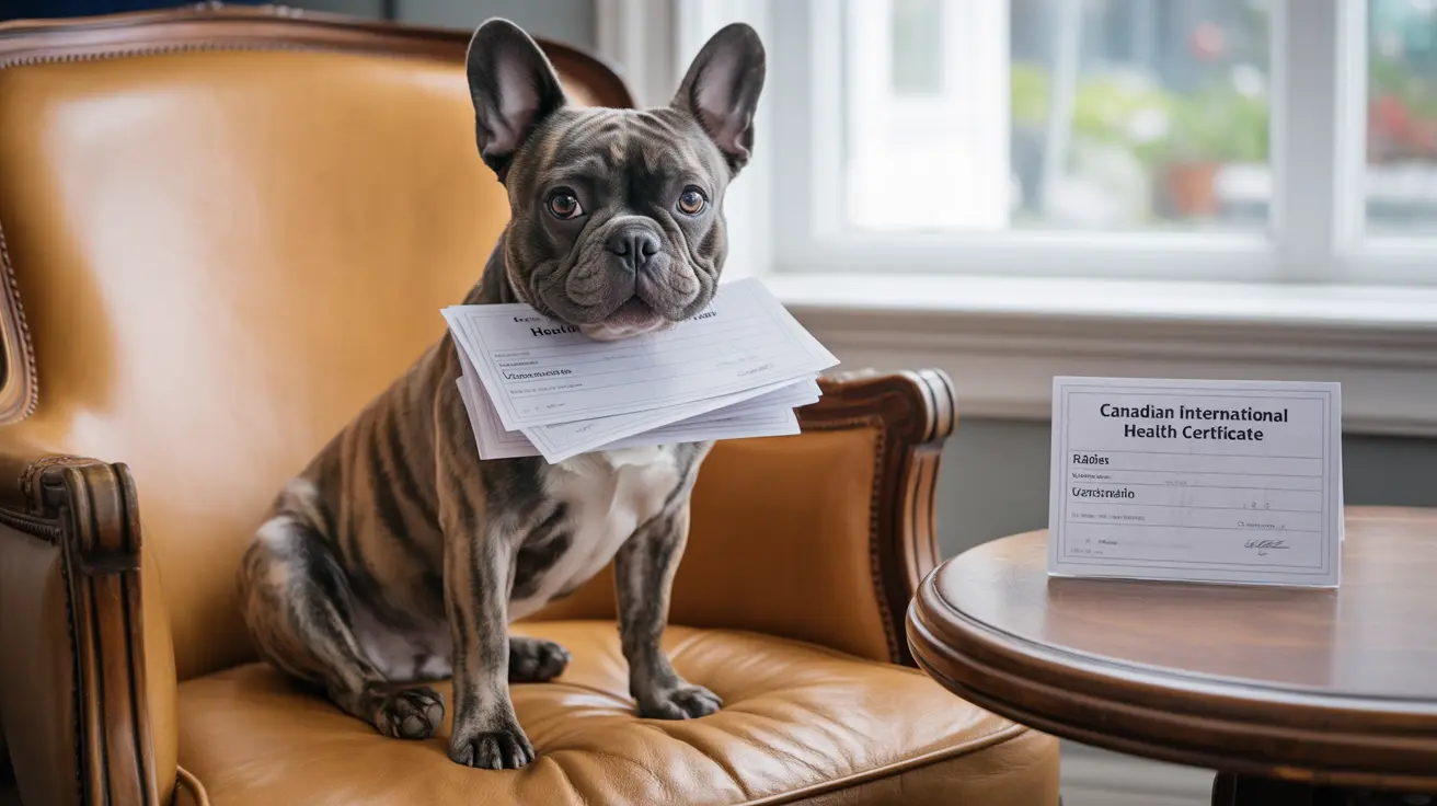 French Bulldog sitting on a leather chair with health and travel documents in front of a window
