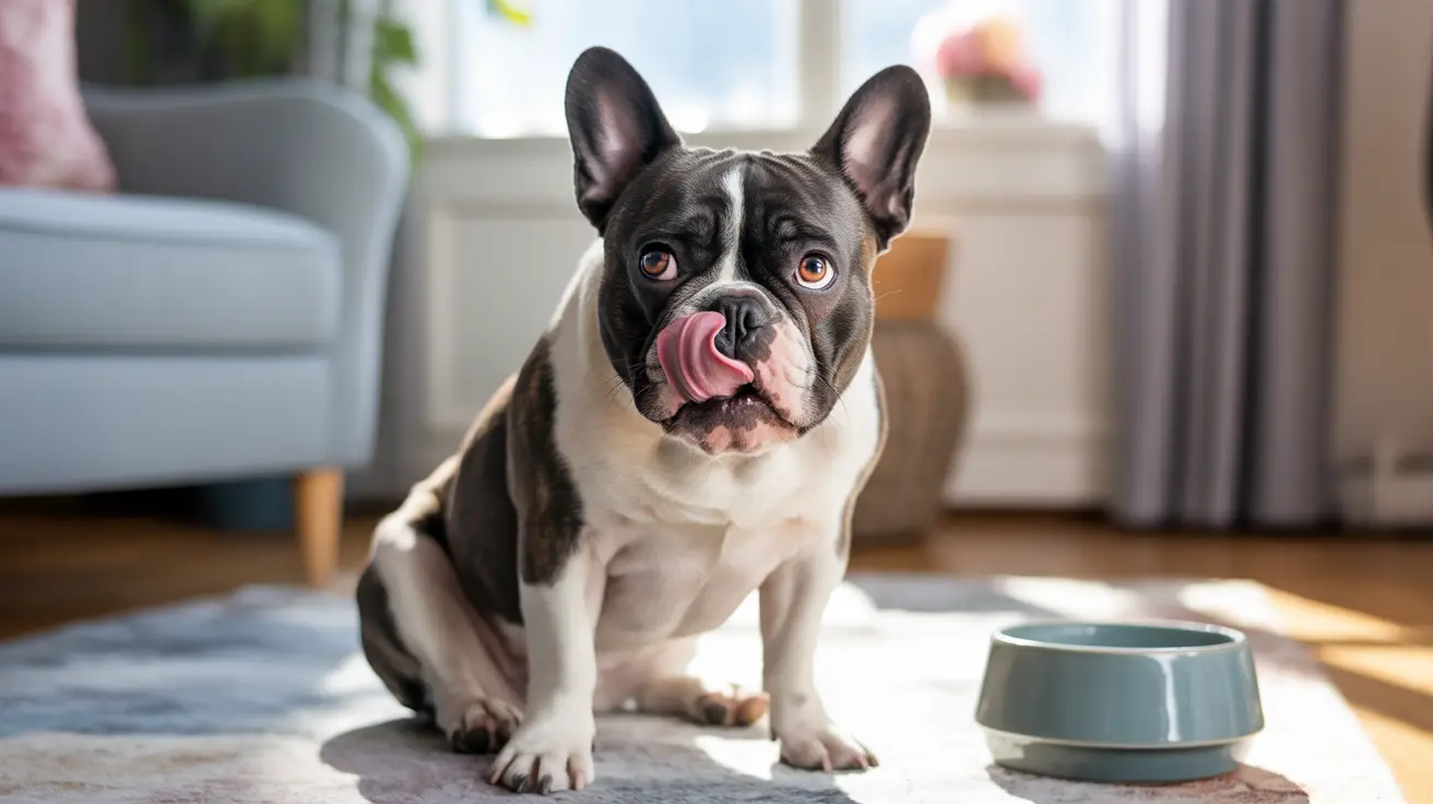 A French Bulldog sitting on a rug near a food bowl, licking its lips with a playful expression