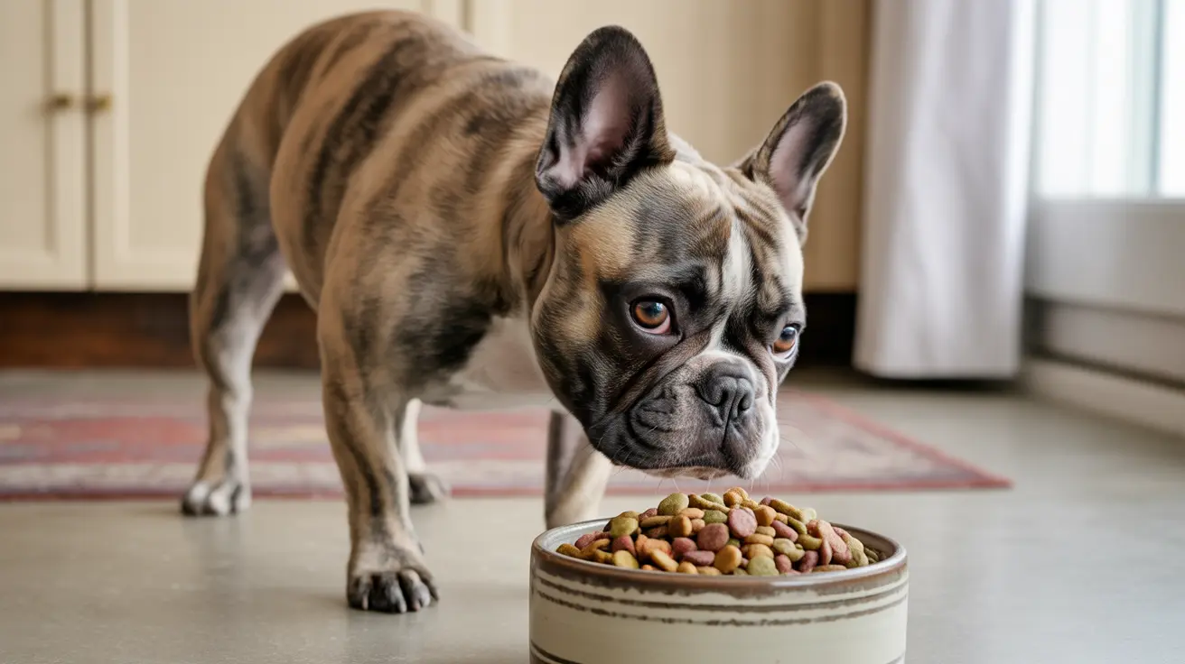 A French Bulldog looking intently at a bowl of dog food