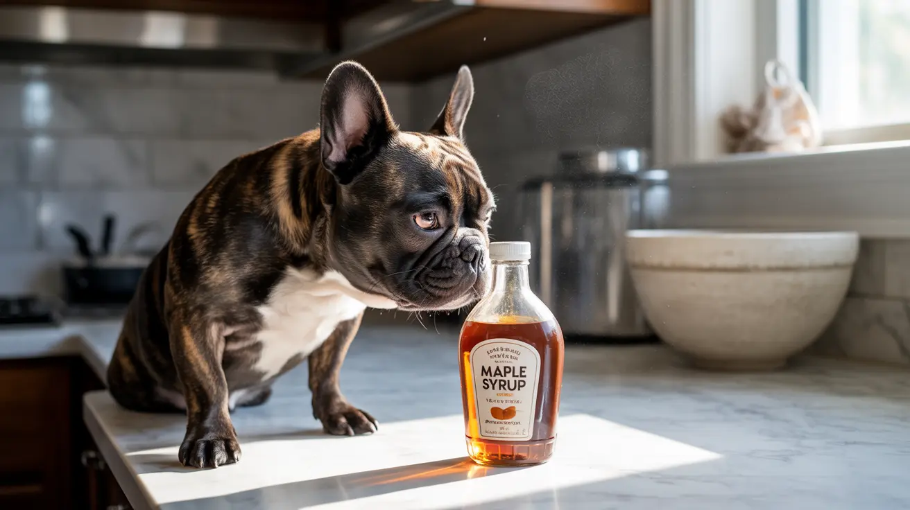 A French Bulldog curiously observing a bottle of maple syrup on a kitchen counter