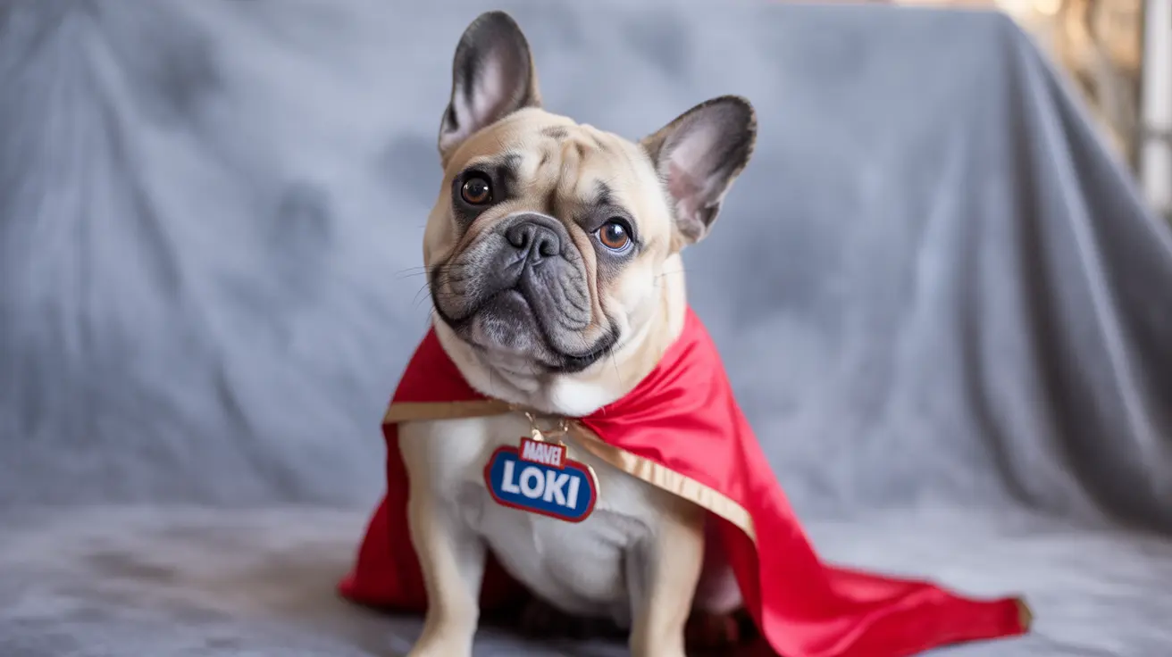 A French Bulldog wearing a red Marvel Loki-themed superhero cape and tag on gray background