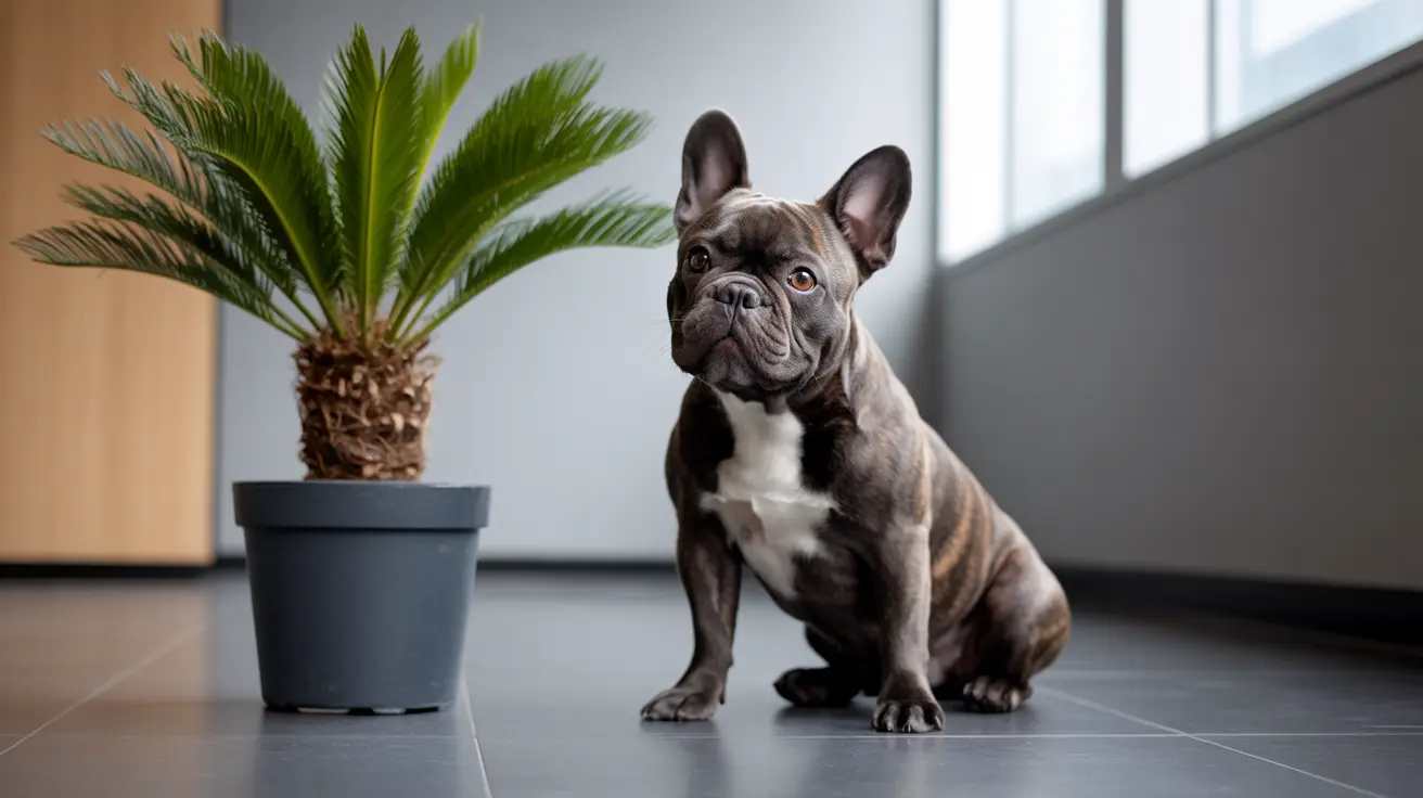 French Bulldog sitting calmly on a modern indoor floor next to a decorative palm plant