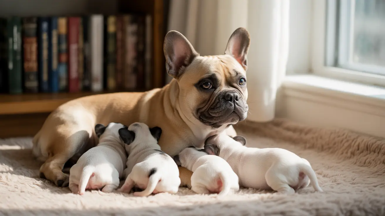 A French Bulldog mother with her litter of white puppies nestled close to her on a soft beige surface