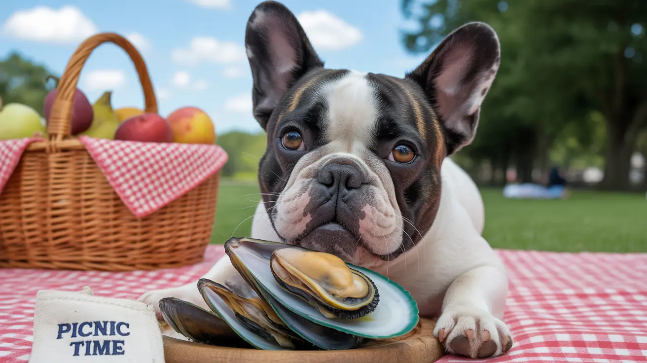 Un bouledogue français assis à côté d'une assiette de moules lors d'un pique-nique dans un parc