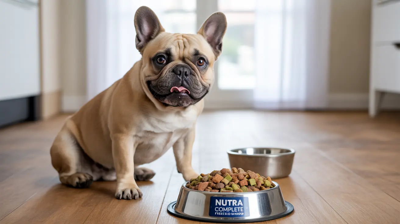 A French Bulldog sitting next to a full bowl of Nutra Complete dog food