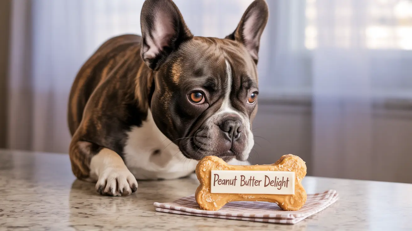 French Bulldog sitting beside a bone-shaped peanut butter dog treat labeled Peanut Butter Delight