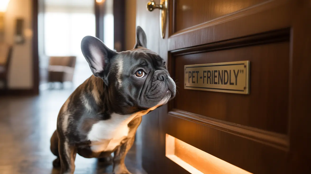 French Bulldog sitting beside a 'Pet-Friendly' sign in elegant interior