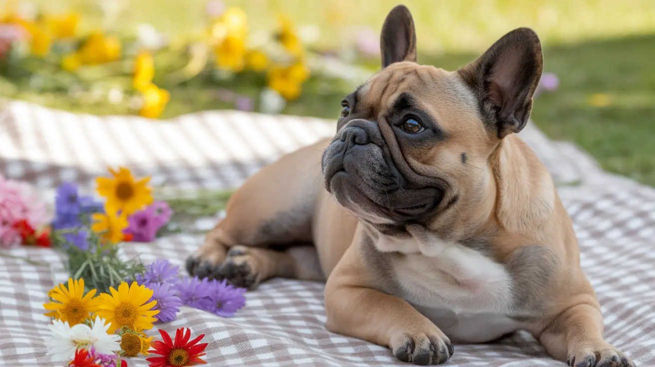 French Bulldog resting peacefully on a checkered picnic blanket surrounded by colorful wildflowers in a garden