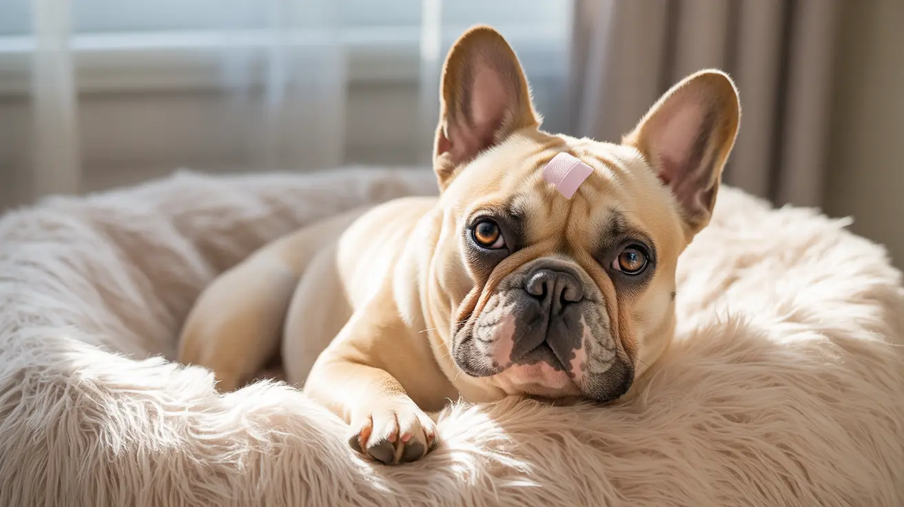 French Bulldog with pink bandage on forehead resting on fluffy white bed