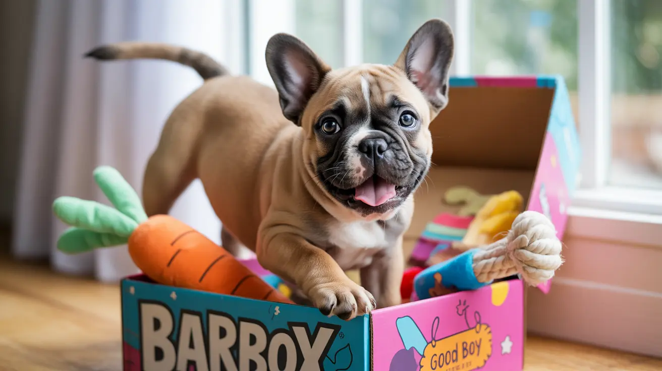 Playful French Bulldog puppy sitting inside a colorful BarkBox subscription box with toys and a plush carrot