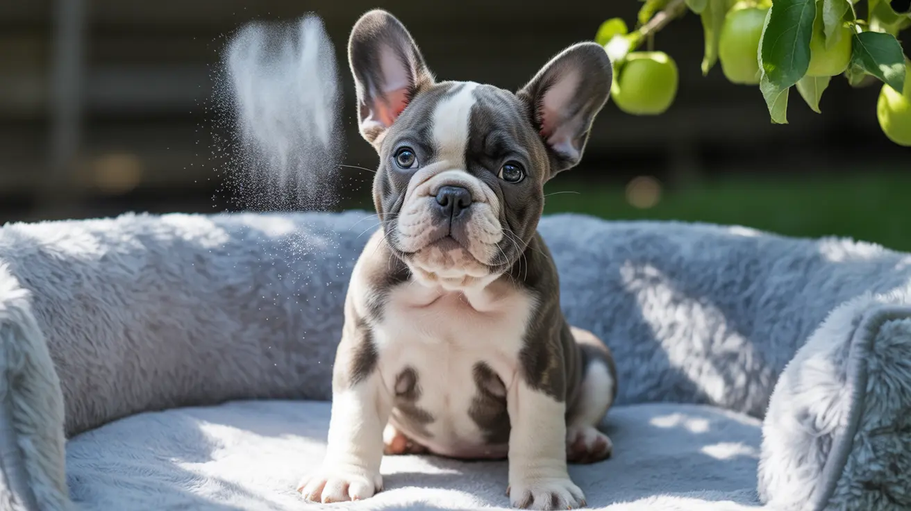 Young French Bulldog puppy sitting on a soft blue blanket with water spray mist nearby