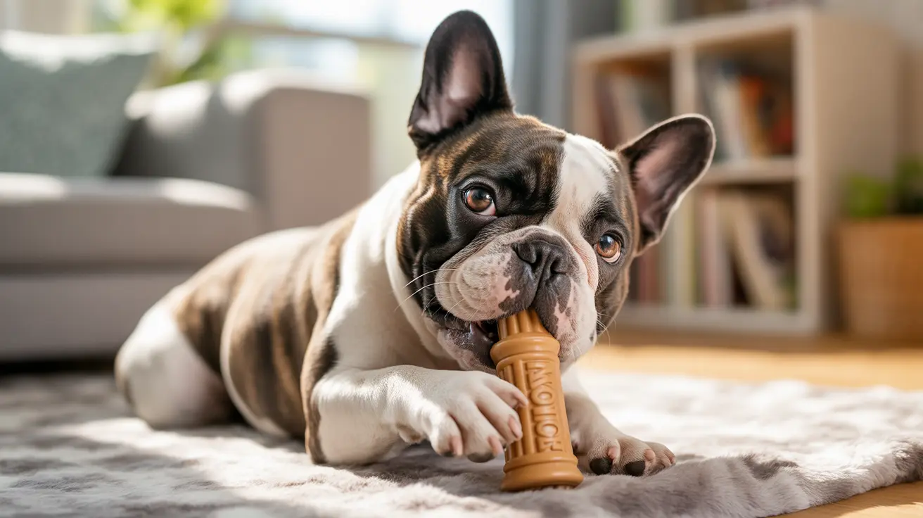 A French Bulldog puppy chewing on a textured dog toy while resting on a soft rug